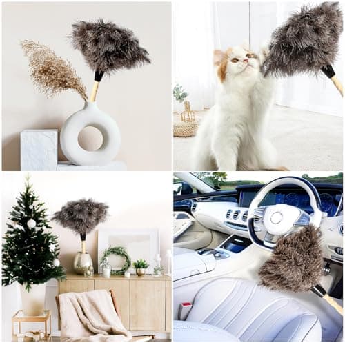 2pcs Ostrich Feather Dusters Natural Feathers Duster with Wooden Handle Natural Ostrich Feathers for Home Cleaning and Office Finishing Duster(2pcs，Length14” 7