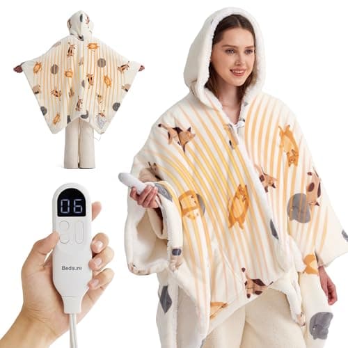 Bedsure Heated Blanket Wearable Shawl - Electric Wrap Poncho Blanket Hoodie for Adult, Winter Gifts for Mom Women Girlfriend, Warm Sherpa Heating Throw, Auto Shut Off, 55x64 inches, Printed Cat