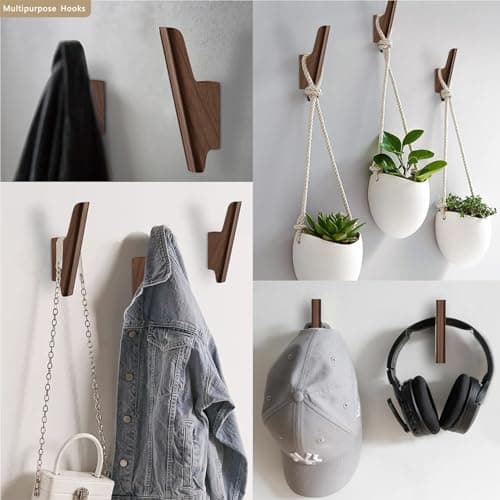 FCOWK Wood Wall Hooks 4 Pack Coat Hooks Wall Mount Walnut Wooden Hooks for Hanging Hat, Bag, Backpack, Rustic Coat Hooks for Wall, Wood Towel Hooks for Bathrooms and Entryway Hooks (Walnut, Dark) 5