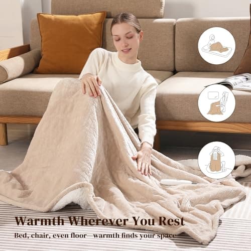 Electric Blanket Queen 84"x90" Heated Blanket Queen Size Dual Control Wheat Pattern Ultra-Soft Flannel & Thick Sherpa with 5 Heat Settings & 10H Auto Off, FCC/ETL Certified, Machine Washable, Beige 6