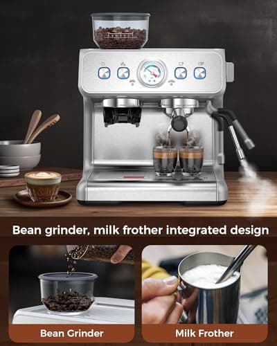 COWSAR Espresso Machine 15 Bar, Semi-Automatic Espresso Maker with Bean Grinder and Milk Frother Steam Wand, 75 oz Removable Water Tank for Cappuccino, Latte, Stainless Steel, normal, CM8050 5