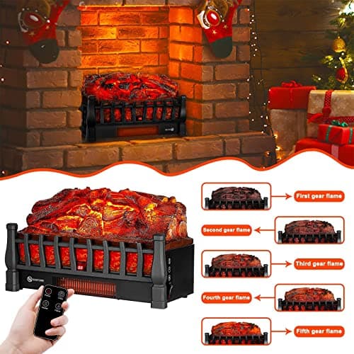 Electric Fireplace Log Insert Heater, up to 1500W Heating, 5 Flame Brightness Levels, 24-Hour Timer, Overheat Protection, Suitable for Home and Office Decoration, Black 7