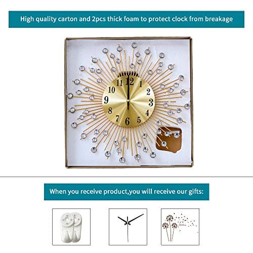 YIJIDECOR Large Wall Clocks for Living Room Decor Modern Gold Silent Wall Clock Battery Operated Non-Ticking for Bedroom Kitchen Home Decorative 14 Inch Round Metal Crystal Wall Watch for Office 7
