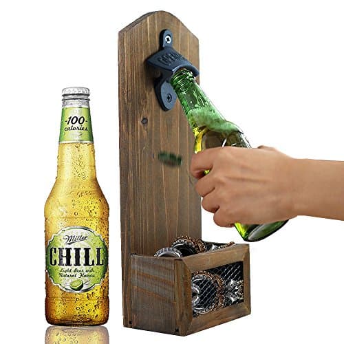 ZGZD Wooden Bottle Opener Wall Mounted with Cap Catcher, Gifts for Men and Beer Lovers