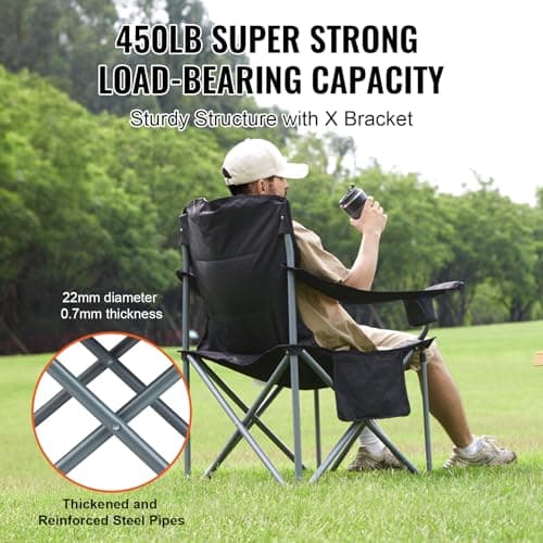 VEVOR Oversized Camping Folding Chair, Portable Heavy Duty Outdoor Quad Lumbar Back Padded with Side Pockets, Cup Holder and Cooler Bag for Beach, Lawn, Picnic, Fishing, Backpacking, Black 5