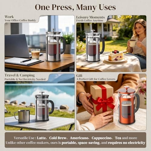 Veken French Press Coffee Maker 34oz, No Plastic Touching Cafe,Thickened Glass Stainless Steel Brewer, Cold Brew Cafetera Tea pot for Kitchen Travel Camping, Gifts, Decor, Bar Accessories, Dark Pewter 3