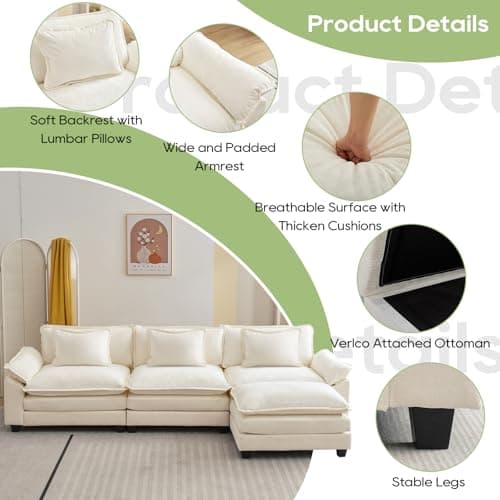 Oprisen 120" Modular Sectional Sofa, Comfy Cloud Couch Sectional Sofa with Ottoman, Chenille Sofa Sleeper Deep Seat Sofa with Throw Pillows for Living Room (Beige White, 120"- L Shape) 6