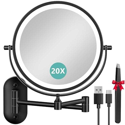 Auxmir 8'' Wall Mounted Lighted Makeup Mirror, 3200mAh Rechargeable Double-Sided 1X/20X Magnifying Mirror with Light, Touch Dimmable 3 Color Light, 360° Rotation Foldable Extended Arm, Black