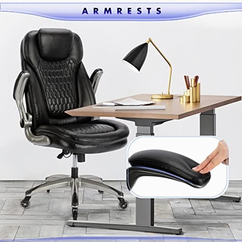 Executive Office Chair-Ergonomic Computer Desk Chair, High Back Leather Chair with Padded Flip-up Arms, Swivel Home Office Chair Upgraded Caster-Black 7