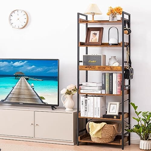 HCHQHS Adjustable 6 Tier Open Bookcase, Rustic Farmhouse Book Shelves, Industrial Wood and Black Metal Bookshelves, Mid Century Bookcase for Home Office Living Room Bedroom 8