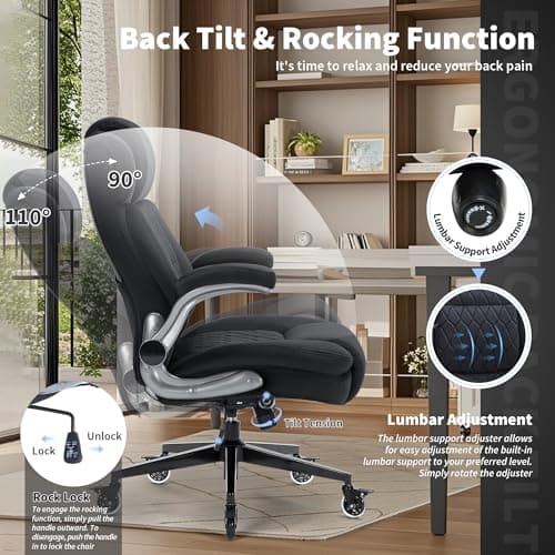High Back Office Chair 400lbs-Adjustable Built-in Lumbar Support, Flip Arms, Locking Wheels-Fabric Ergonomic Computer Desk Chair with Heavy Duty Base, Thick Padded Large Work Chairs 6