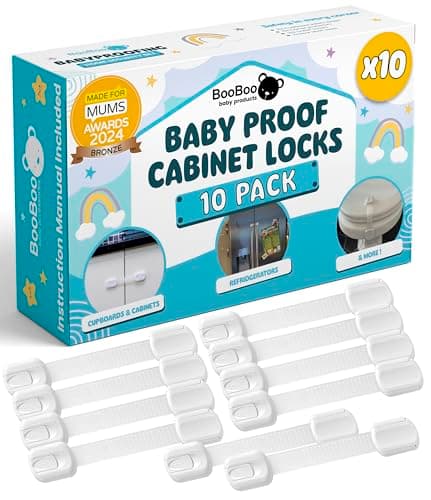 Booboo® (10 Pack) Premium Cabinet Locks Baby Proofing, Child Proof Cabinet Locks, Cupboard Locks for Children with 3M Adhesive + 4 Extra Stickers
