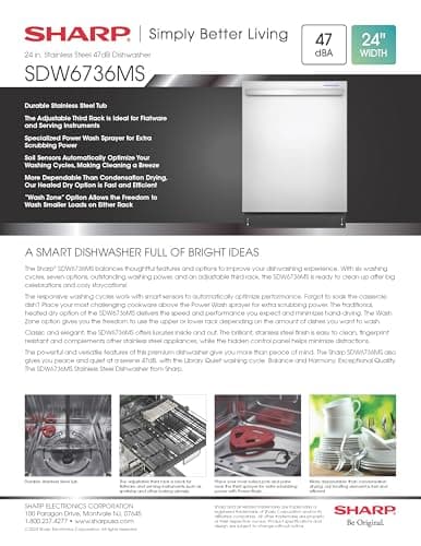 Sharp SDW6736MS 24-inch Stainless Steel Dishwasher, Third Rack, Library Quiet 47 dB, Power Wash Sprayer 15