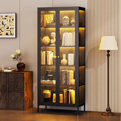 Lucky Monet 5-Tier Glass Display Cabinet with 13 Color Lights, 67" Tall Metal Curio Cabinets with Glass Door & Adjustable Shelves, Large Display Case for Collectibles Figures China Books, Black