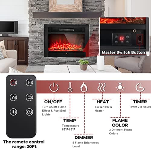 GLACER 28.5'' Electric Fireplace Insert, Recessed & Freestanding with Adjustable Flame Color Timer, Indoor Heater w/Remote Control (750W/1500W) Black 5