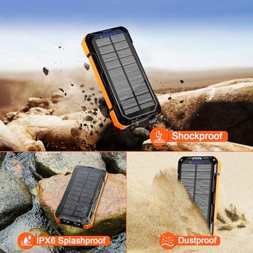 WONGKUO Solar Charger Power Bank - 49800mAh Solar Phone Charger with USB-C in/Output, QC 3.0 Fast Charging with LED Flashlight, Built-in 4 Cables, IP65 Waterproof Fits for Outdoor (Matte Orange) 7