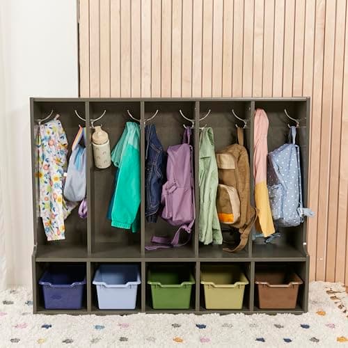 ECR4Kids Streamline 5-Section Toddler Coat Locker with Bench, Classroom Furniture, Grey Wash 9