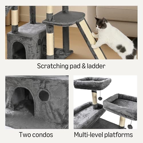 Amazon Basics Large Cat Tree Tower, Multi-Level Activity Center with 2 Large Condos, Multiple Sisal Scratching Posts and Hanging Pompoms, Gray, 68 Inches 5
