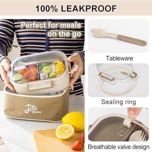 Lille Home Bento Lunch Box for Adult, 31oz Stainless Steel 2-Compartment Tiffin Lunch/Snack Box, Durable Bento/Food Container with Split Layer Lunch Bag and Utensils(Beige) 5