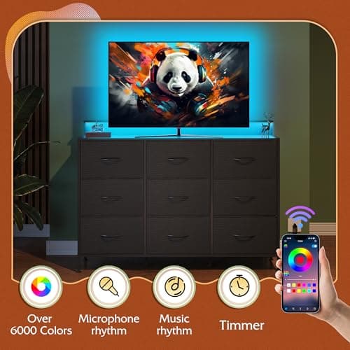 WLIVE Black Dresser TV Stand for 45, 50, 55 inch TV, Entertainment Center with LED Lights & Charging Station, Chest of drawers with 9 Fabric Drawers and Open Shelves for Living Room, Hallway, Wood Top 5