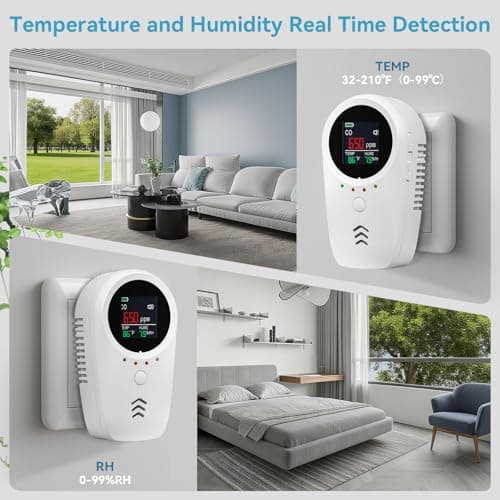 5-in-1 Carbon Monoxide Detectors,Combustible Gas Detector,Plug-in & Built-in Backup Battery,Monitoring CO,Natural Gas,Temperature and Humidity,Clear LCD Screen Sound Light Dual Alarm Detector 5