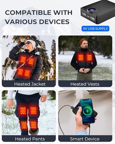 𝟱𝗩 𝟮𝗔 𝟯𝗔 𝟭𝟮𝟬𝟬𝟬𝗺𝗔𝗵 Heated Vest Battery Pack, Rechargeable Power Bank with LED Display, Type-C Input, and Dual USB-A Output for Heated Apparel, Vest, Chair, Blanket, and Jacket up to 12H 7