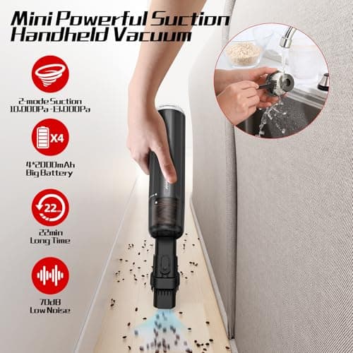 Chuboor 13000PA Powerful Car Vacuum Cleaner High Power Cordless Rechargeable, Handheld Vacuum, Portable Mini Vacuum with LED SOS Light, Small Hand Held Vacuuming Cordless(P16-Black) 6