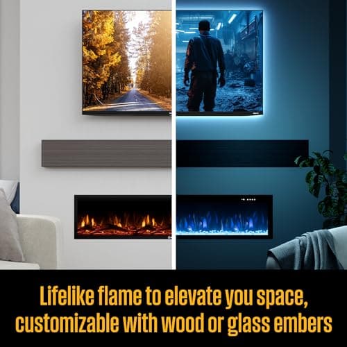 Westinghouse 50 Inch Electric Fireplace Heater, Compatible with Alexa & Google Home, Wall Mount or in-Wall Recessed Fireplace Insert, 24 Hour Timer, Color Changing Flames, 750W/1500W Indoor Heater 6