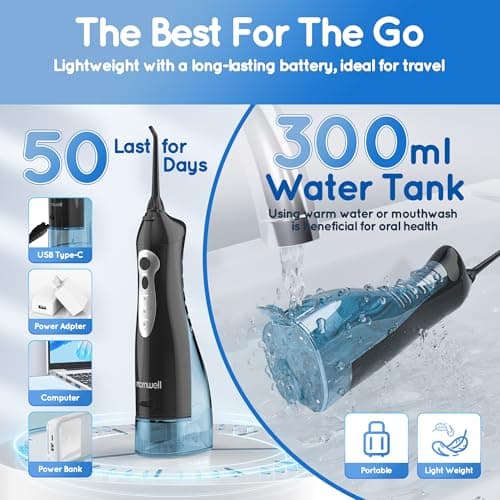 Mornwell Water Dental Flosser Teeth Pick for Teeth, Portable Cordless Water Flossers Oral Irrigator with 10 Intensity 4 Jet Rechargeable IPX7 Waterproof Water Tank Flosser Electric Travel (Black D) 6