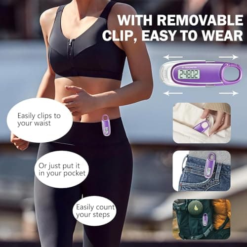 3D Pedometer for Walking with Removable Clip and Carabiner Simple Step Counter for Walking Accurate Clip On Step Tracker for Men Women Kids (Purple) 2
