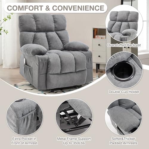 Massage Rocker Recliner Chair with Heat and Vibration Ergonomic Rocking Lounge Chair for Living Room Comfy Overstuffed Recliner with 4 Side Pockets,2 Cup Holders, USB Charge Port, Grey 5