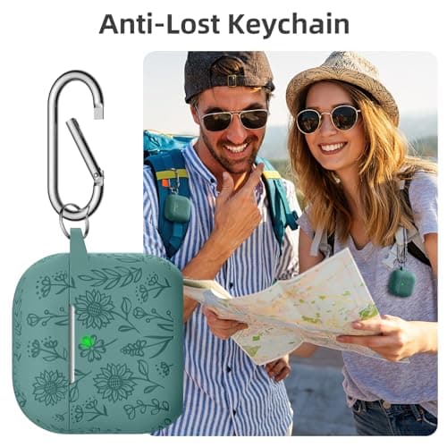 for Airpods 4 Case, DaQin Flower Engraved Case Compatible with Apple Airpods 4th Generation Cases for Women, Cute Soft Silicone Full Protective Cases Cover with Cleaner Kit & Keychain, PineGreen 7
