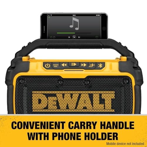 DEWALT 20V MAX Bluetooth Speaker, 100 ft Range, Durable for Jobsites, Phone Holder Included, Lasts 8-10 Hours with Single Charge (DCR010) 7