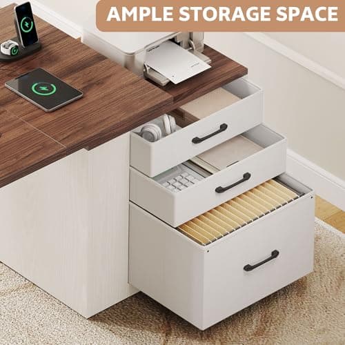 Homiflex 75.5 Inches Electric Standing Desk with Drawers Farmhouse Sit Stand Desk with Storage Adjustable Height Computer Desk with Power Outlets Printer Space for Home Office White and Walnut 6