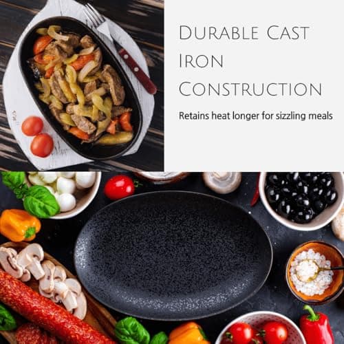 JapanBargain, Set of 2 Cast Iron Sizzling Plates with Wooden Bases – Steak & Fajita Serving Platters – Pre-Seasoned Grill, Oven, Induction Safe – 9.5" x 5.5" Plates, Home or Restaurant Use 9