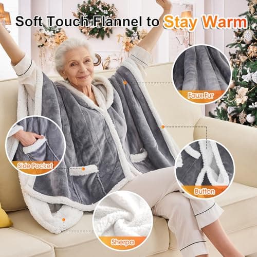 Wearable Heated Throw Blanket Electric Shawl ,Christmas Birthday Gifts for Grandma,Gift for Mom and Elderly Women,Heated Robe Poncho Blanket Hoodie for Adult, 5-Position Timer 10-Heating Levels,Grey 4