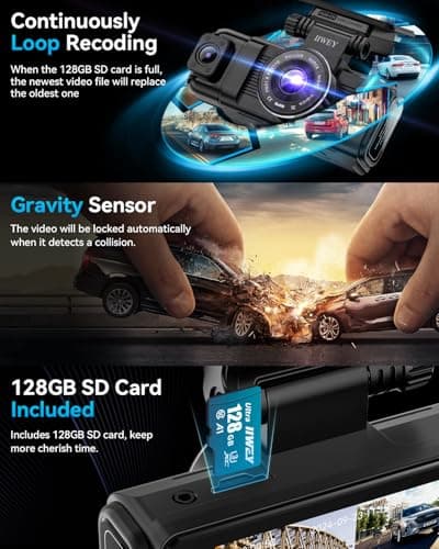 iiwey N7 3 Channel Dash Cam Front and Rear Inside 3K+1080P+1080P with 128GB SD Card, 5GHz WiFi, Rotatable Side Camera for Car, 24/7 Recording, IR Night Vision, G-Sensor, Parking Mode 5