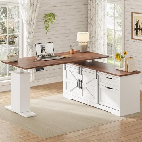 SEDETA Farmhouse L Shaped Standing Desk, 55 inch Height Adjustable Corner Desk with Storage Drawers, Standing Computer Desks with Power Outlets for Home Office, White 9