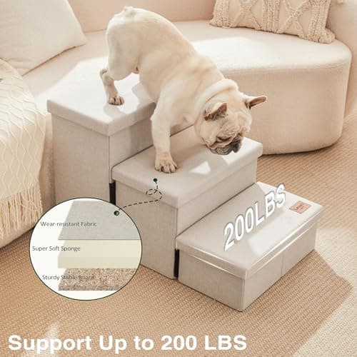 Love's cabin Dog Stairs for High Bed 18" H, Foldable Pet Stairs for Small Medium or Large Dogs Puppy with Storage for Bed or Couch, Cat Dog Steps Ramp with Zip up to 200 lbs, Beige, 3 Steps 5