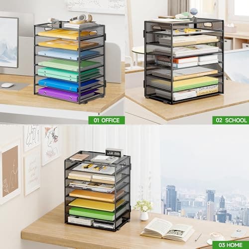 Biciyarn 8 Tier Paper Organizer with Handle, Metal Mesh Desk File Organizer, Large Capacity Desk Organizers Paper Letter Tray Desktop Document Sorter for Office, Home or School - Black 7