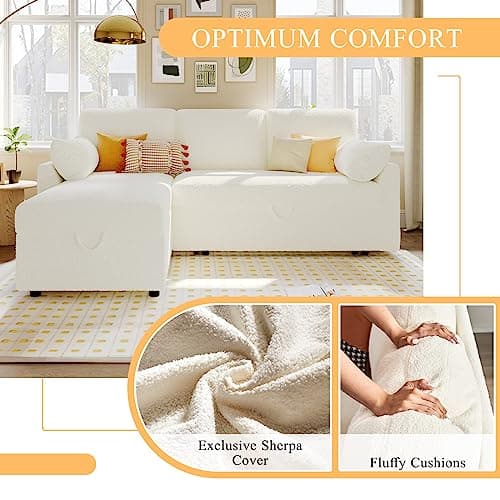 VanAcc Sofa Bed, Sleeper Sofa- 2 in 1 Pull Out Couch Bed with Storage Chaise for Living Room, White Sherpa 5
