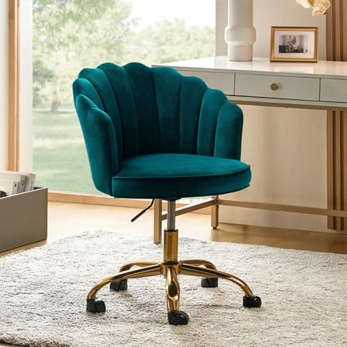 HULALA HOME Velvet Home Office Chair with Gold Base, Womans Modern Cute Shell Back Upholstered Desk Chair for Vanity, Adjustable Swivel Task Chair for Living Room, Teal