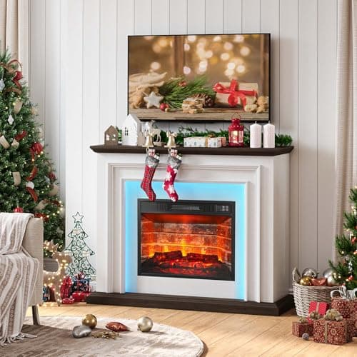 44 Inches LED Lights Electric Fireplace with Mantel, Tall Fireplace Heater Freestanding, Delicate Three-Dimensional molding with Remote Control Timer LED Flame for Living Room, Bedroom, White&Brown