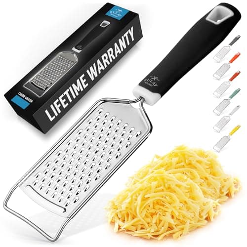 Zulay Kitchen Professional Cheese Grater Stainless Steel - Durable Rust-Proof Metal Lemon Zester Grater With Handle - Flat Handheld Grater For Cheese, Chocolate, Spices, And More - Black