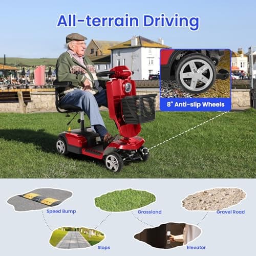 Wooken Mobility Scooter for Seniors, Adults, 4 Wheels Powered Mobility Scooter, 264 lbs All Terrain Foldable Powered Mobility Scooter,Compact Heavy Duty Mobility for Travel,12.1 Miles Range,Red 6