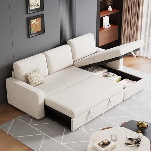 FAVSH 81.5" Convertible L Shaped Sleeper Sofa, 3-Seat Pull Out Sectional Couch with Storage Chaise & Removable Cushions, Chenille Fabric for Small Living Room Apartment, Beige