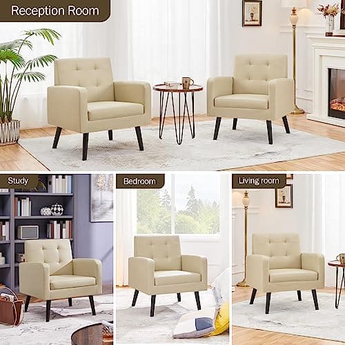 Yaheetech Mid-Century Accent Chairs, PU Leather Modern Upholstered Living Room Chair, Cozy Armchair Button Tufted Back and Wood Legs for Bedroom/Office/Cafe Beige 5