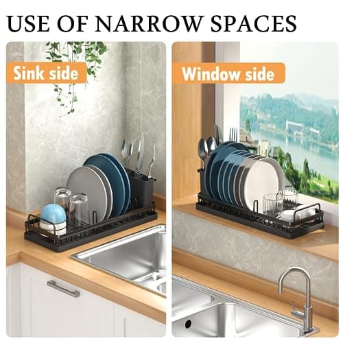 CHLORYARD Small Dish Drying Rack, Compact Sink Dish Drainer Plate Organizer with Utensil Holder and 2pcs Silicone Drying Mats for Kitchen Counter, RVs, Apartments 7