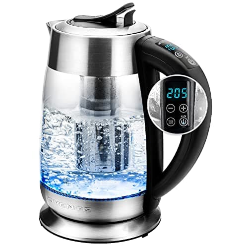 OVENTE Electric Glass Kettle Water Boiler 1.8 Liter BPA Free - 1500W w/Stainless Steel Infuser, Set Temperature Control, Auto Shut Off, Portable Fast Instant Heater for Coffee & Tea - KG661S
