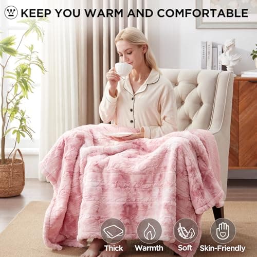 Westinghouse Electric Throw Blanket, Faux Fur Heated Blanket with 6 Heating Levels & 2-10 Hours Auto Off, Soft Cozy Sherpa Heated Blanket Washable Blanket (50" x 60" Throw Size, Pink) 6